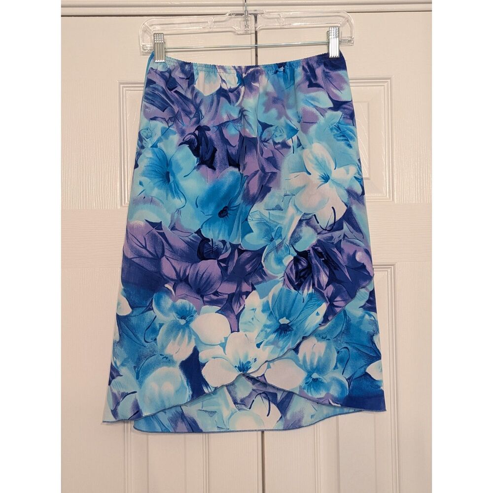 Vintage Y2K Blue Watercolor Floral Midi Skirt Sz Medium Mermaid Coastal